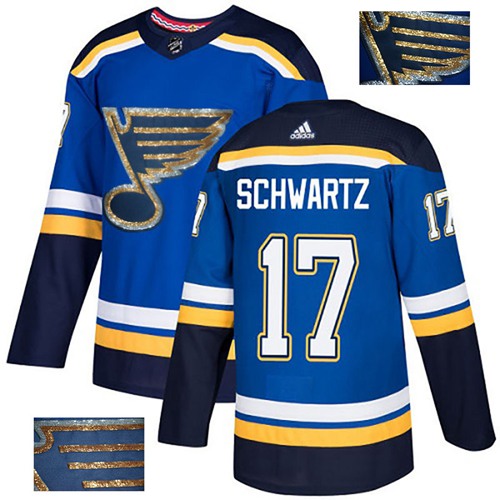 Adidas Blues #17 Jaden Schwartz Blue Home Authentic Fashion Gold Stitched NHL Jersey - Click Image to Close